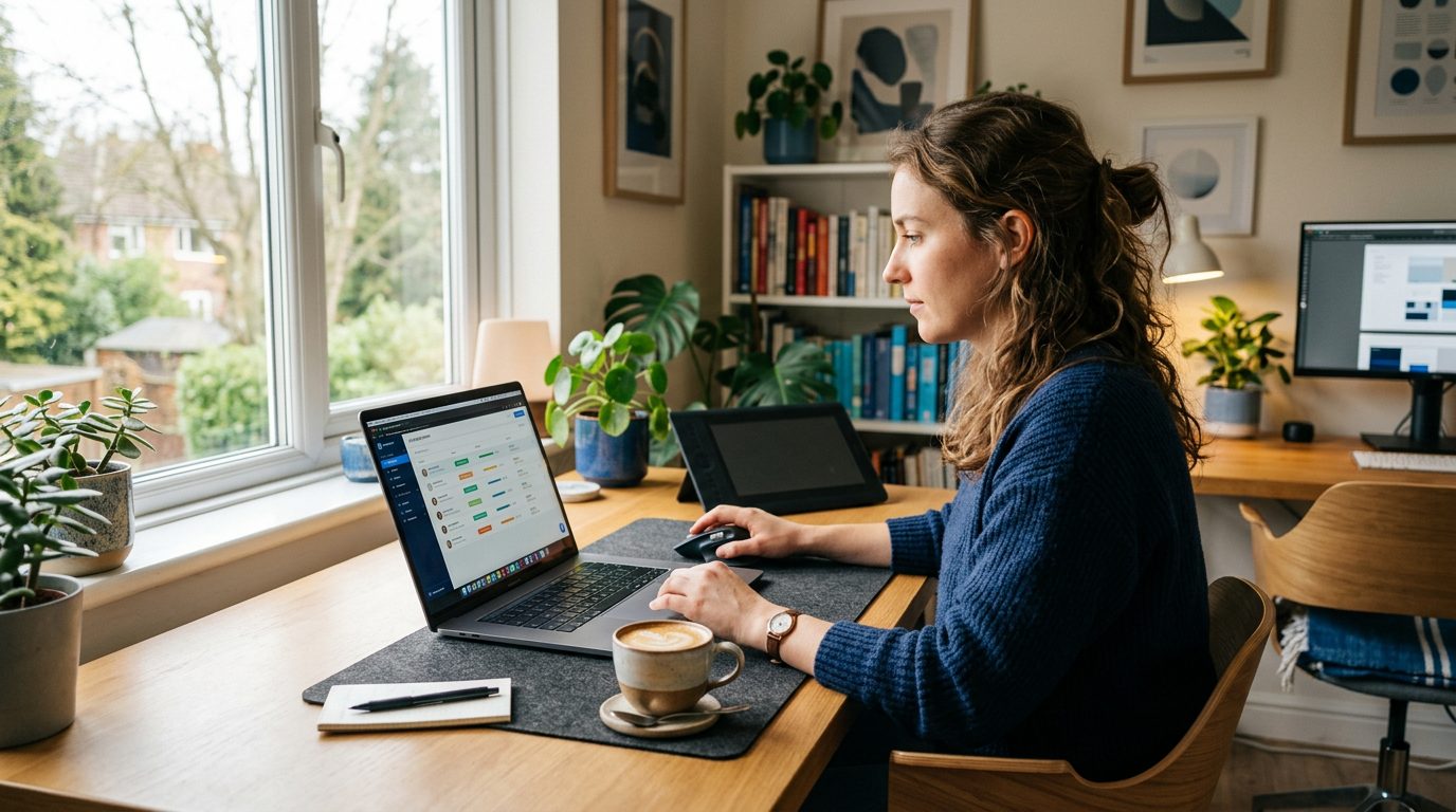 Freelancer reviewing an AI-generated application pack on a laptop at a home desk
